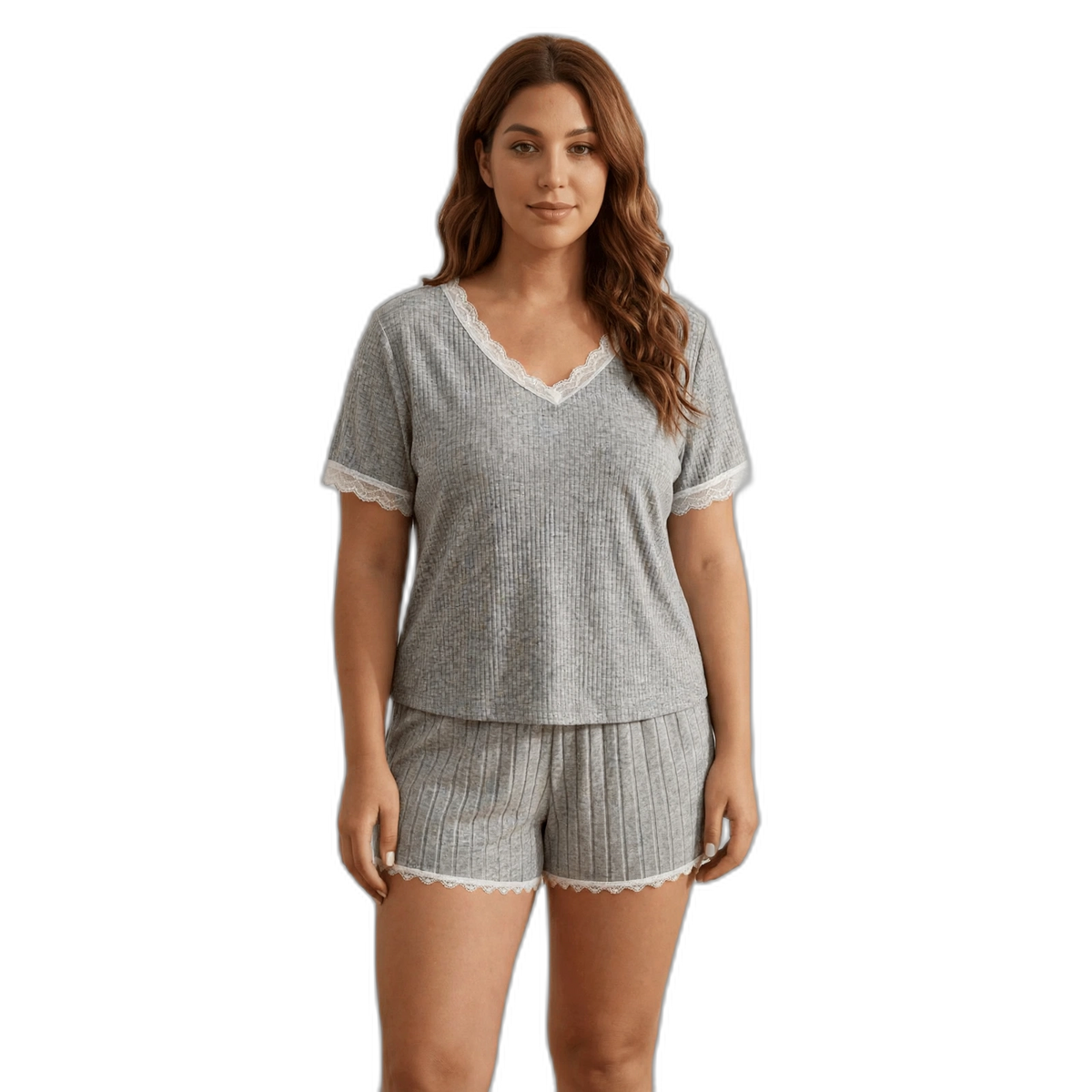 Ribbed Lace Trim Plus Size Pajama Short Set – Apricot