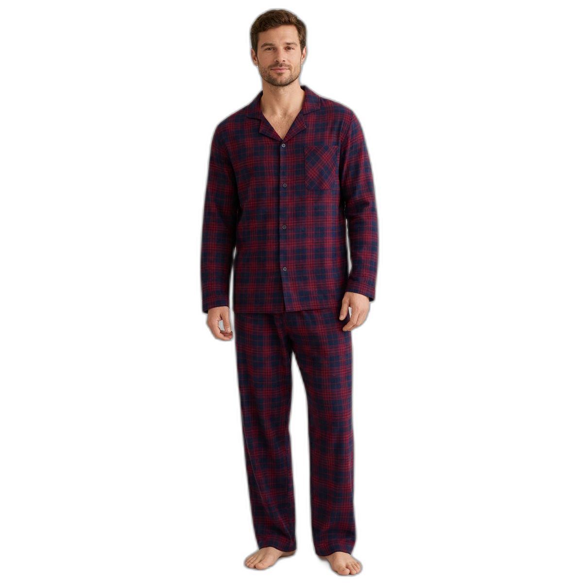 Men Plaid Cotton Flannel Button-Down Pajama Set