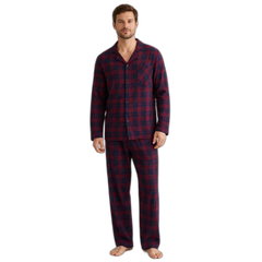 Men Plaid Cotton Flannel Button-Down Pajama Set