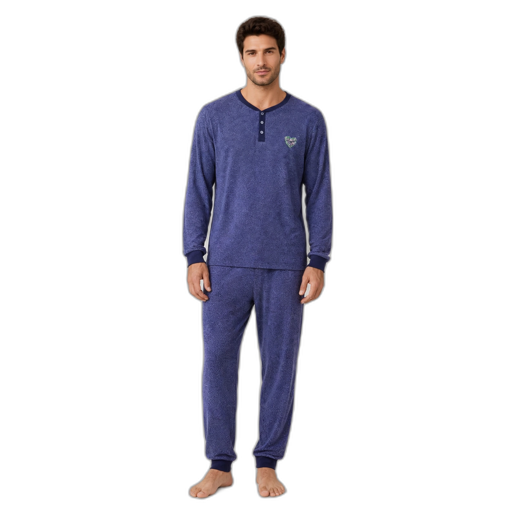 Men's Navy Melange Henley Collar Pajama Set