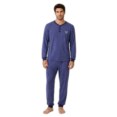 Men's Navy Melange Henley Collar Pajama Set