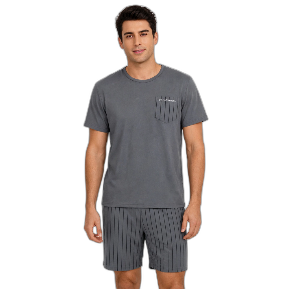 Men's Grey Striped Pocket Pajama Shorts Set