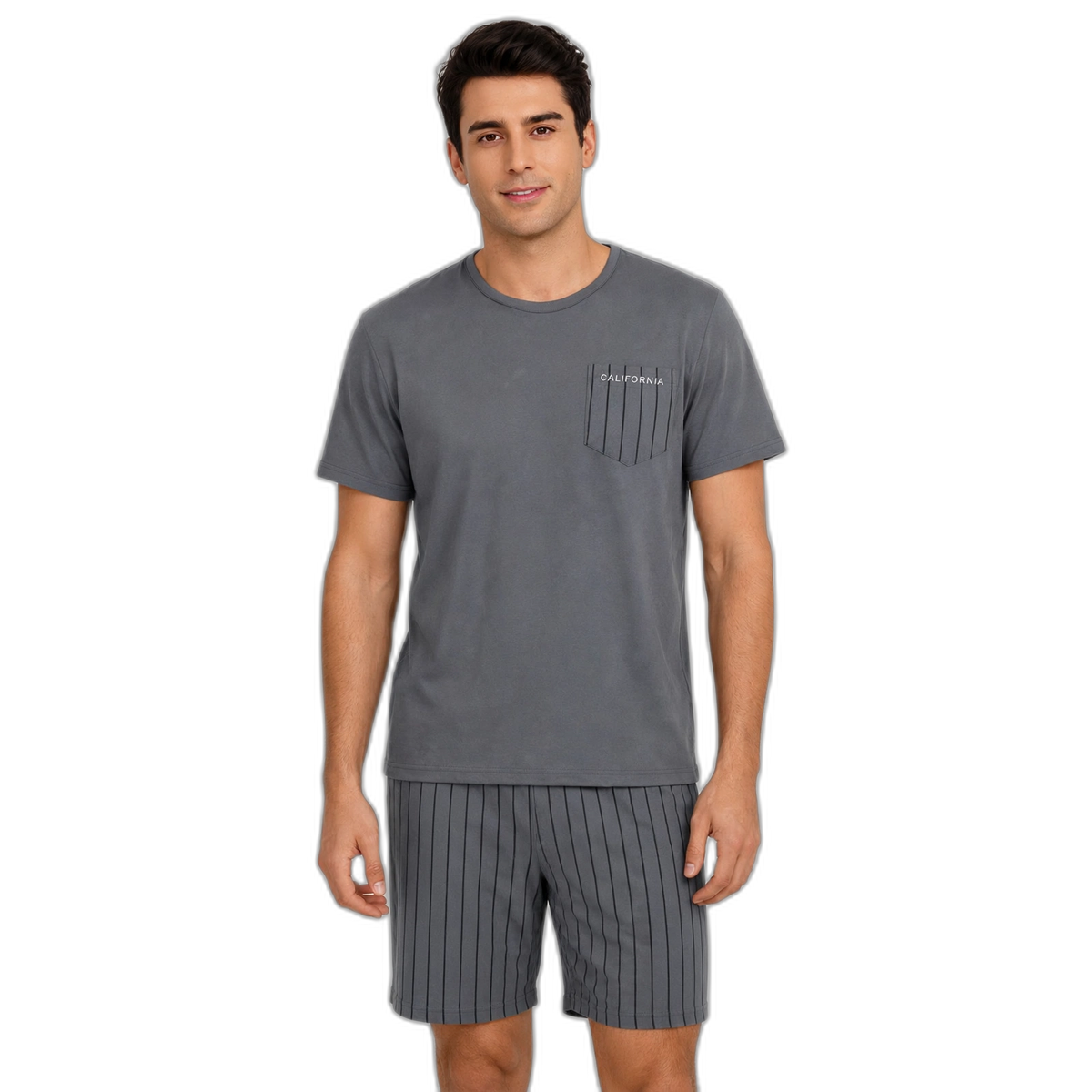 Men's Grey Striped Pocket Pajama Shorts Set