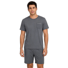Men's Grey Striped Pocket Pajama Shorts Set