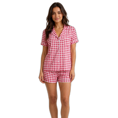 Red & White Gingham Button-Up Shorts Pajama Set