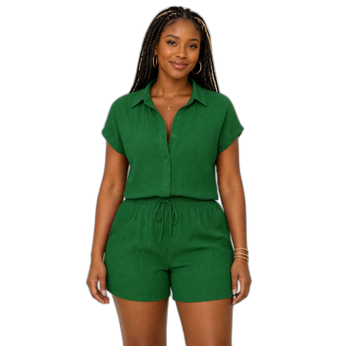 Women's Textured Button-Front Blouse & Knotted Shorts Vacation Set