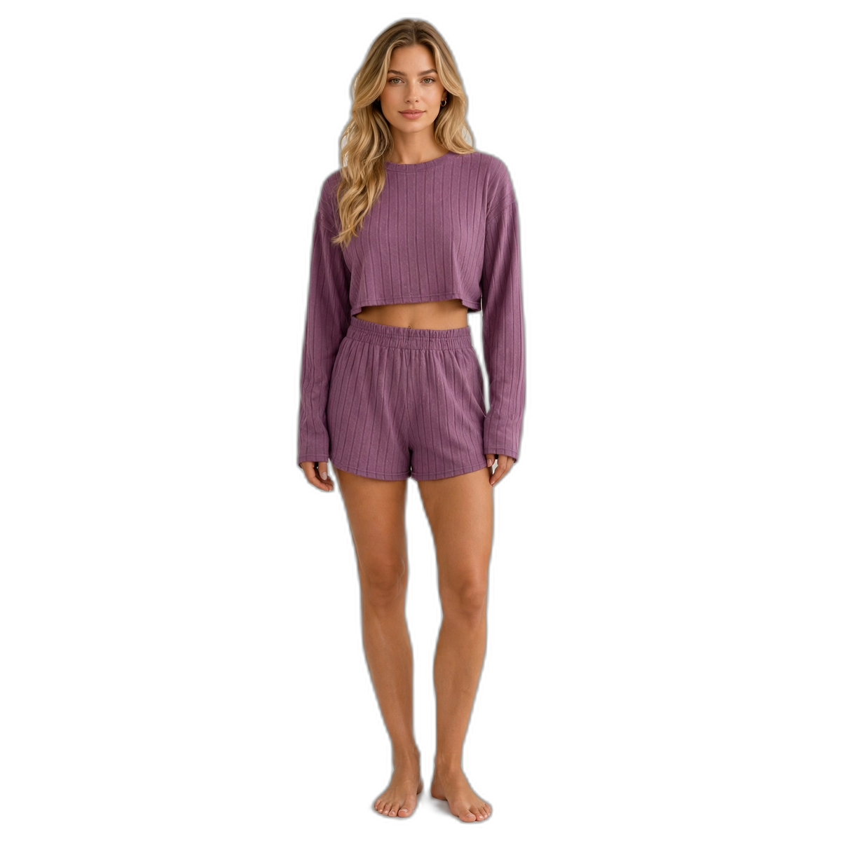 Ribbed Crop Long Sleeve Top & Side-Slit Shorts Pajama Set