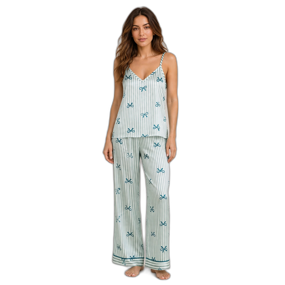 Bow Stripe Faux Silk Cami & Pants Pajama Set