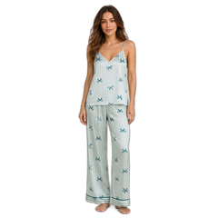 Bow Stripe Faux Silk Cami & Pants Pajama Set