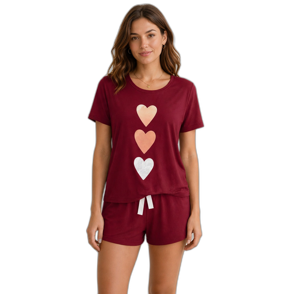Triple Heart Women's Short Sleeve Pajama Shorts Set – Light Grey