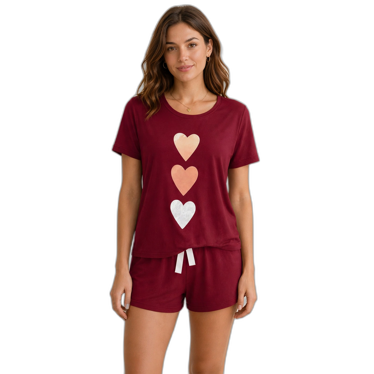 Triple Heart Women's Short Sleeve Pajama Shorts Set – Light Grey