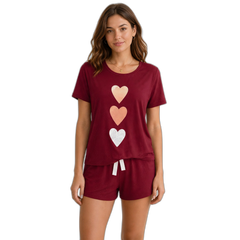Triple Heart Women's Short Sleeve Pajama Shorts Set – Light Grey