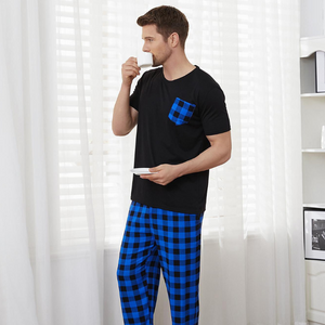 Blue Check Men's Pyjamas Short Sleeve Loungewear Set