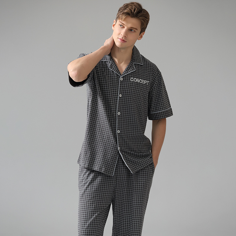 Gray Plaid Short Sleeved Top And Trousers Men's Pyjamas Set