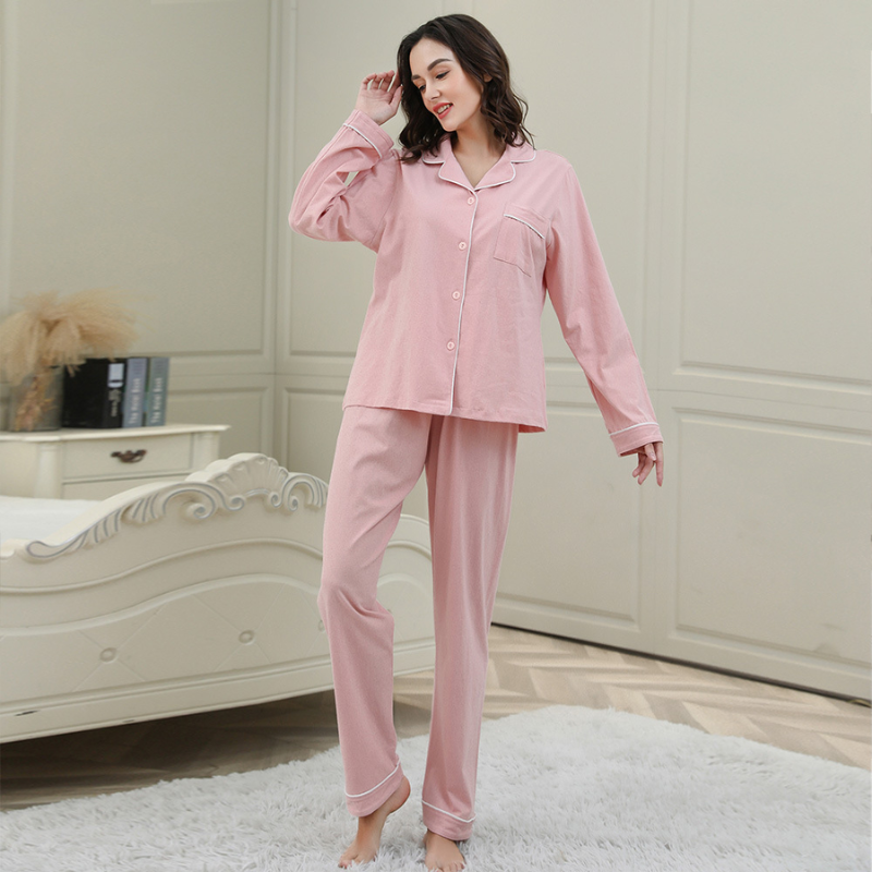 Pure Cotton Solid Color Cardigan Pyjamas Set For Women