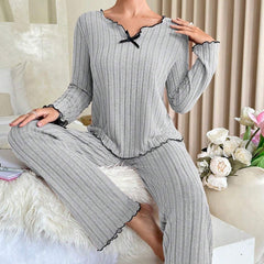 Women's V-Neck Striped Winter Pajama Set - fabric detail