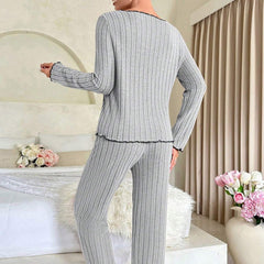Women's V-Neck Striped Winter Pajama Set - model wearing