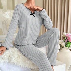 Women's V-Neck Striped Winter Pajama Set - lifestyle shot