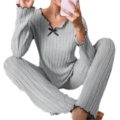 Women's V-Neck Striped Winter Pajama Set - front view