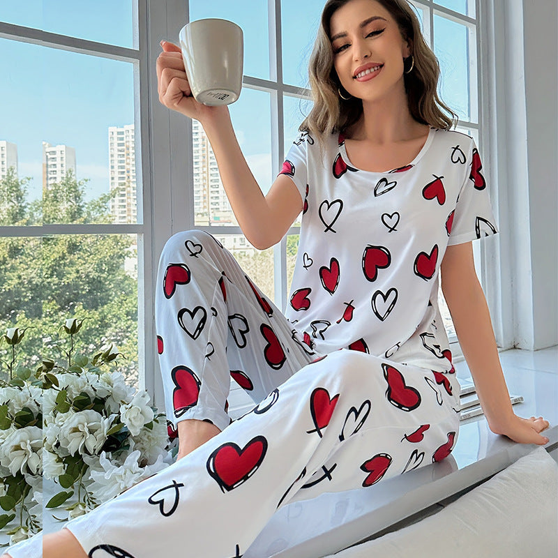 Short Sleeve Heart Print Pajama Set - front view