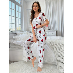 Short Sleeve Heart Print Pajama Set - fabric detail
