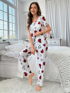 Short Sleeve Heart Print Pajama Set - lifestyle shot