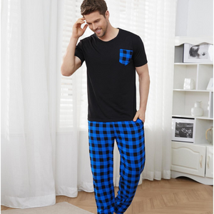 Blue Check Men's Pyjamas Short Sleeve Loungewear Set