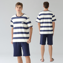 Load image into Gallery viewer, Men&#39;s Blue Stripe Shots Cotton Pyjamas Set
