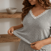 Load image into Gallery viewer, Ribbed Lace Trim Plus Size Pajama Short Set – Apricot
