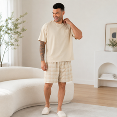 Men's Oversized Plaid Shorts Pajama Set - waistband detail