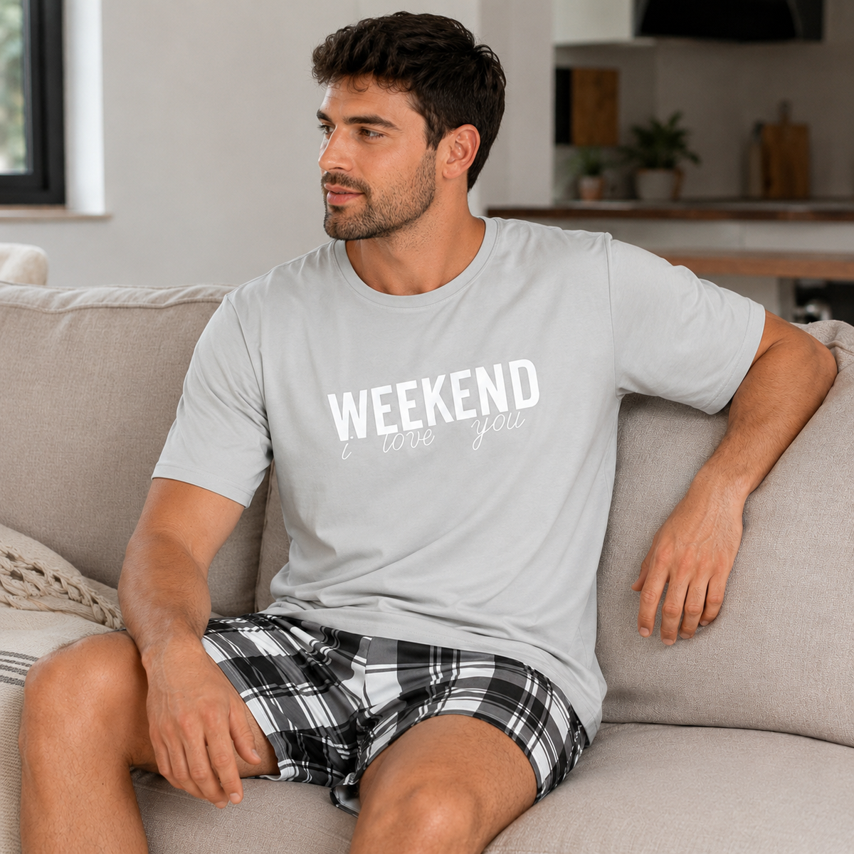Men's Weekend Comfort Letter Print Pajama Shorts Set - fabric detail