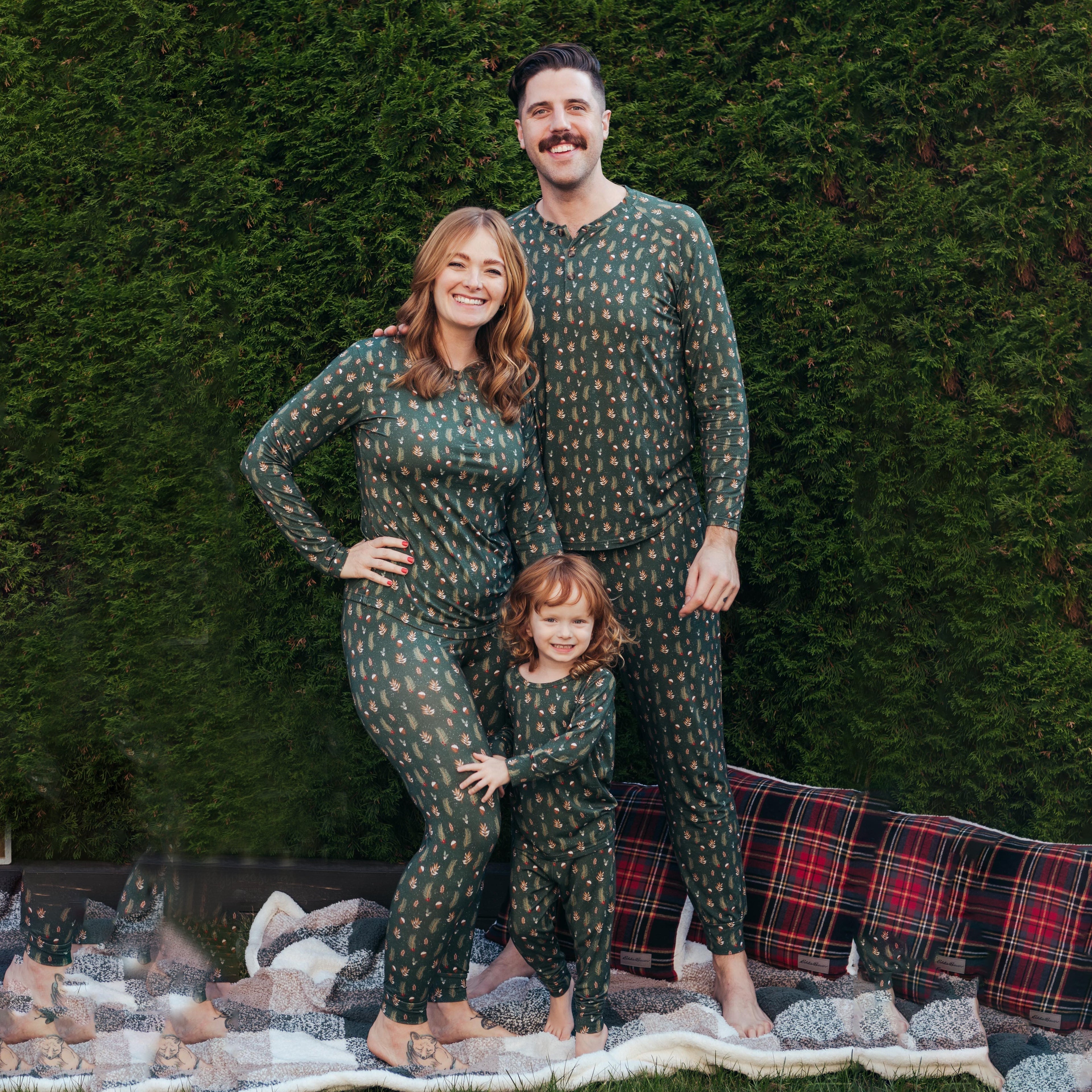 Green Printed V Neck Button Matching Family Pyjamas Set