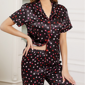 Heart Print Lapel Silk Pyjamas Set