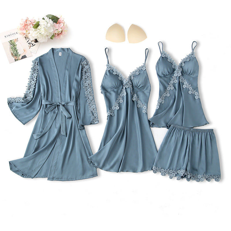 4-Piece Grey Silk Nightgown, Cover-Up & Shorts Set - model wearing