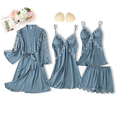 4-Piece Grey Silk Nightgown, Cover-Up & Shorts Set - model wearing