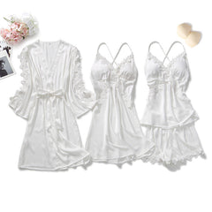 4-Piece White Silk Nightgown, Cover-Up & Shorts Set - model wearing