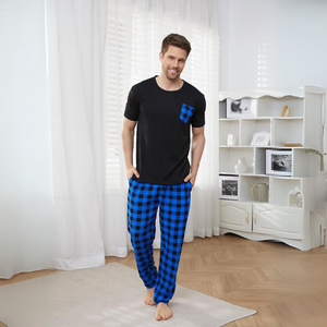 Blue Check Men's Pyjamas Short Sleeve Loungewear Set