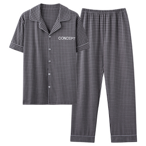 Gray Plaid Short Sleeved Top And Trousers Men's Pyjamas Set