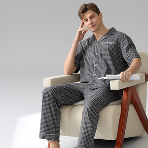 Gray Plaid Short Sleeved Top And Trousers Men's Pyjamas Set