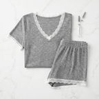 Ribbed Lace Trim Plus Size Pajama Short Set – Apricot