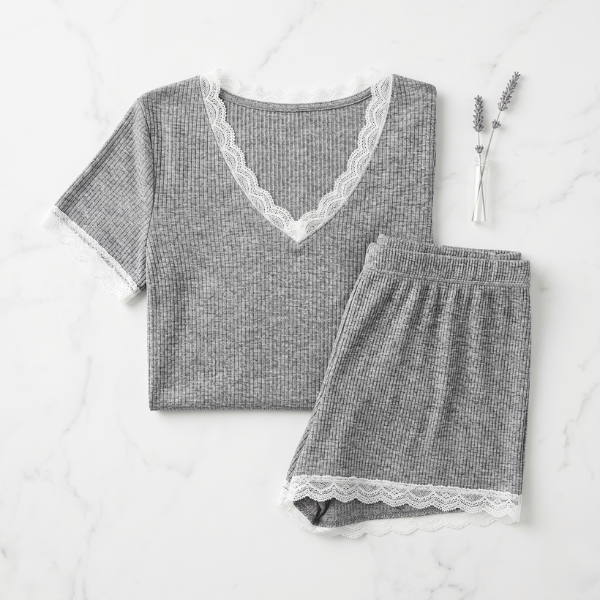 Ribbed Lace Trim Plus Size Pajama Short Set – Apricot