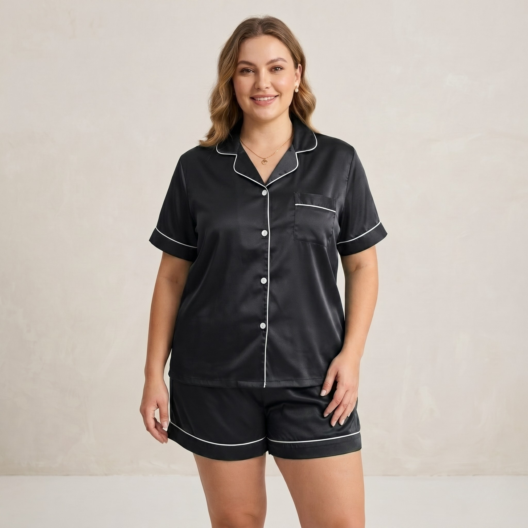 Emerald Luxe Plus Size Satin Pajama Shorts Set