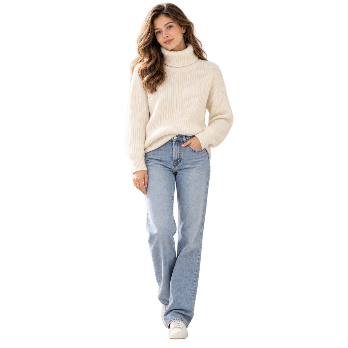 A woman modeling a cream ribbed turtleneck sweater and light-wash blue jeans against a plain white background.