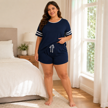 Load image into Gallery viewer, Cozy Breeze Plus Size Contrast Trim Pajama Shorts Set – Navy Blue
