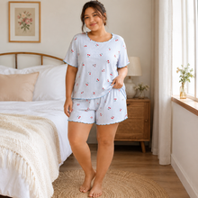 Load image into Gallery viewer, Blue Cherry Stripe Plus Size Ribbed Pajama Shorts Set
