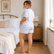 Load image into Gallery viewer, Blue Cherry Stripe Plus Size Ribbed Pajama Shorts Set
