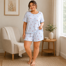 Load image into Gallery viewer, Blue Cherry Stripe Plus Size Ribbed Pajama Shorts Set
