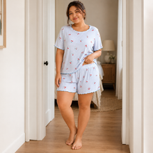 Load image into Gallery viewer, Blue Cherry Stripe Plus Size Ribbed Pajama Shorts Set
