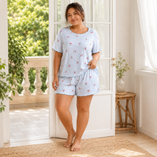Load image into Gallery viewer, Blue Cherry Stripe Plus Size Ribbed Pajama Shorts Set
