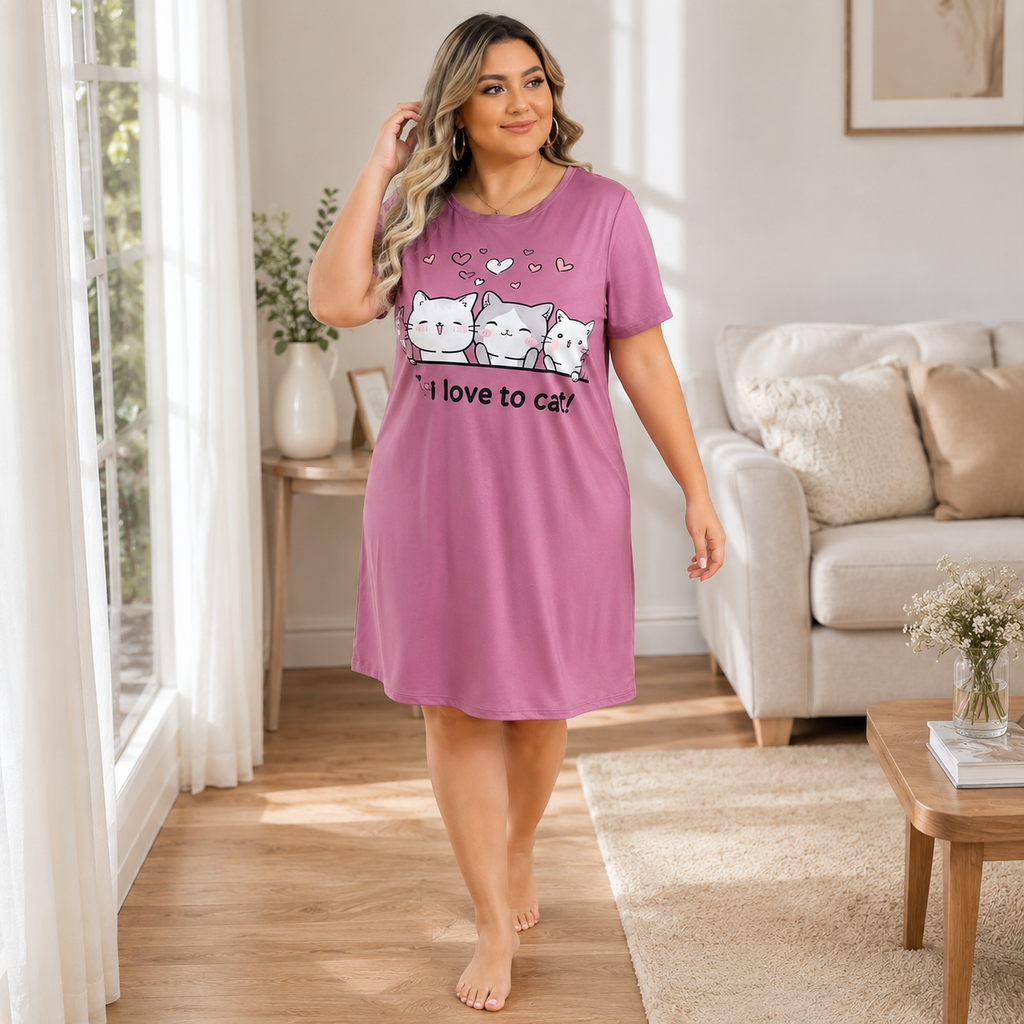 Kitty Love Plus Size Cartoon Cat Nightgown – Hot Pink